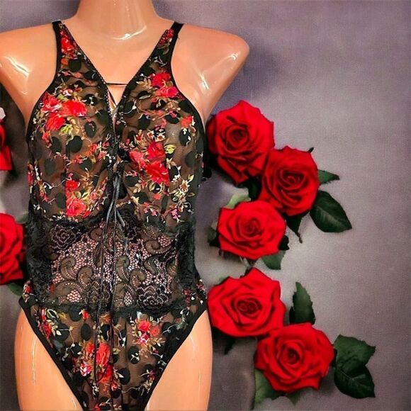 Black Polka-Dotted w/ Red Roses l Lace-Up Teddy l XL l New - Picture 1 of 8
